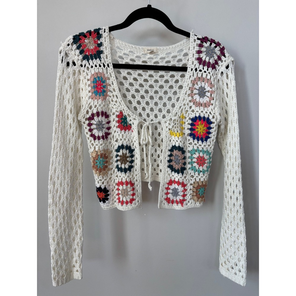 Debut Crochet Granny Square Cardigan White Multi Color Floral Tie Front XS